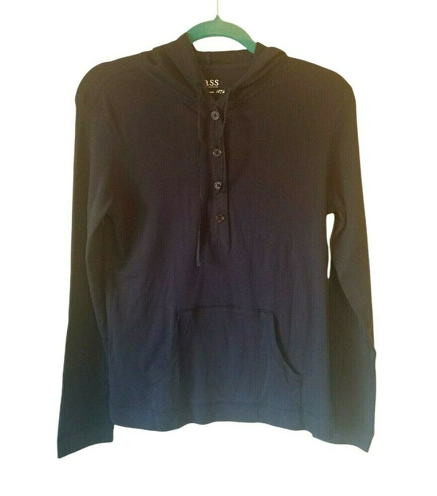G.H. Bass & Co. Women's Small Long Sleeve Hooded T-Shirt Navy Blue Top Pocket